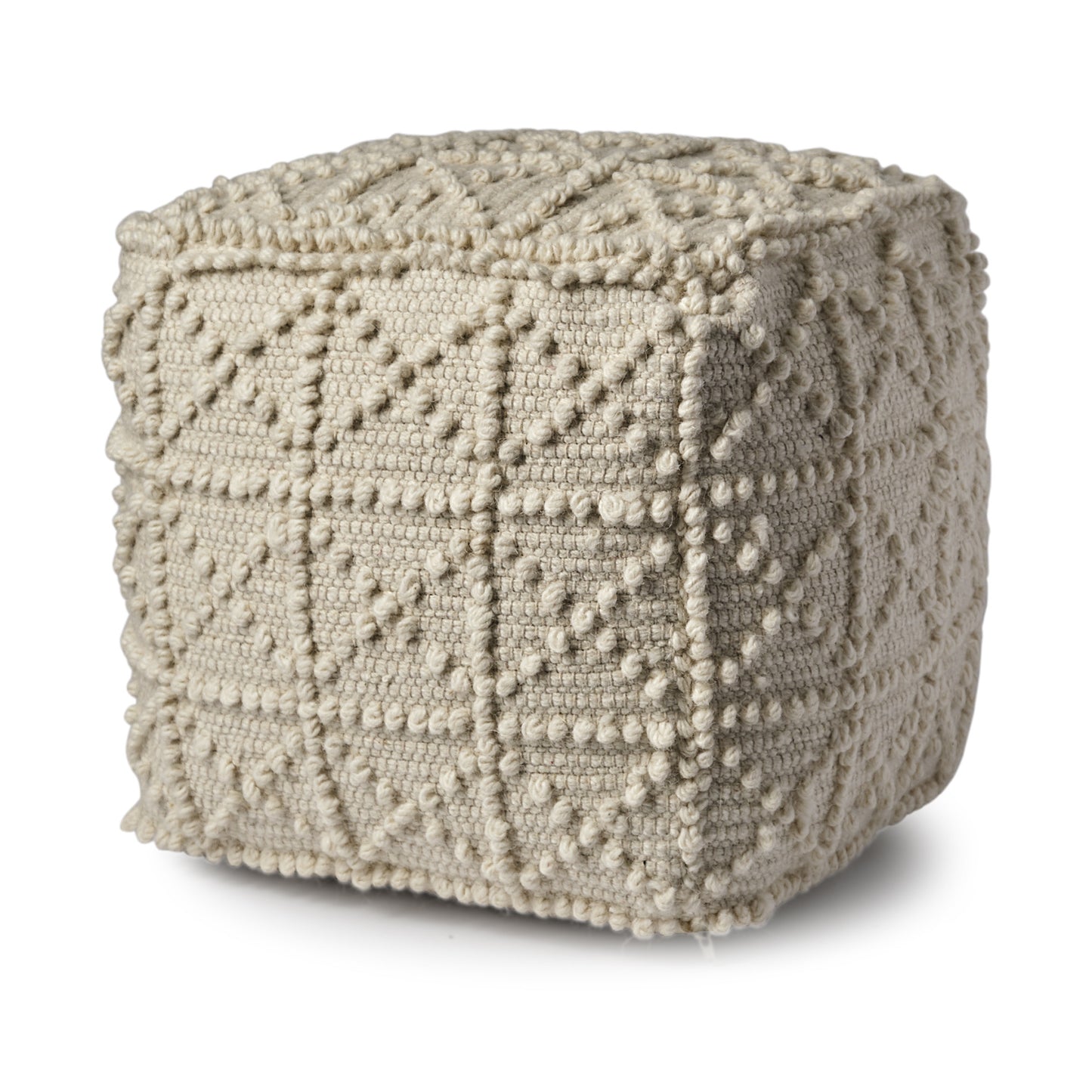 18" Ivory Wool Knubby Geometric Cube Pouf Ottoman