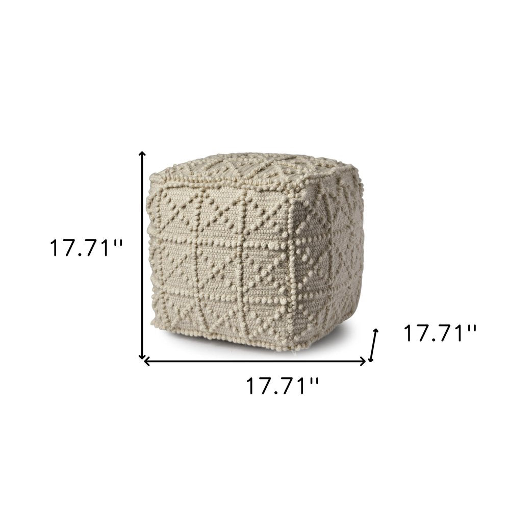 18" Ivory Wool Knubby Geometric Cube Pouf Ottoman