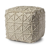 18" Ivory Wool Knubby Geometric Cube Pouf Ottoman