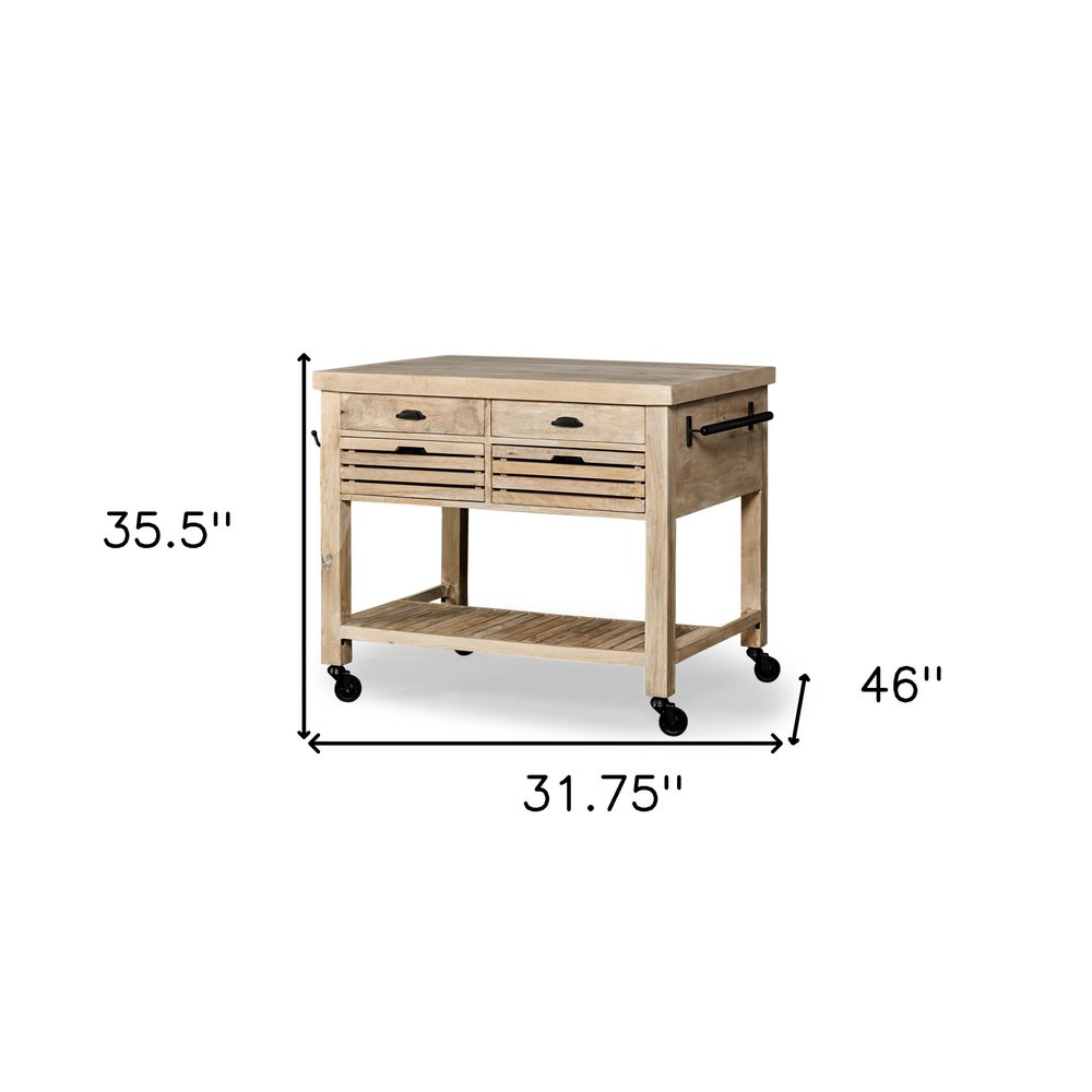 32" Natural Solid Wood Rolling Kitchen Island With Storage