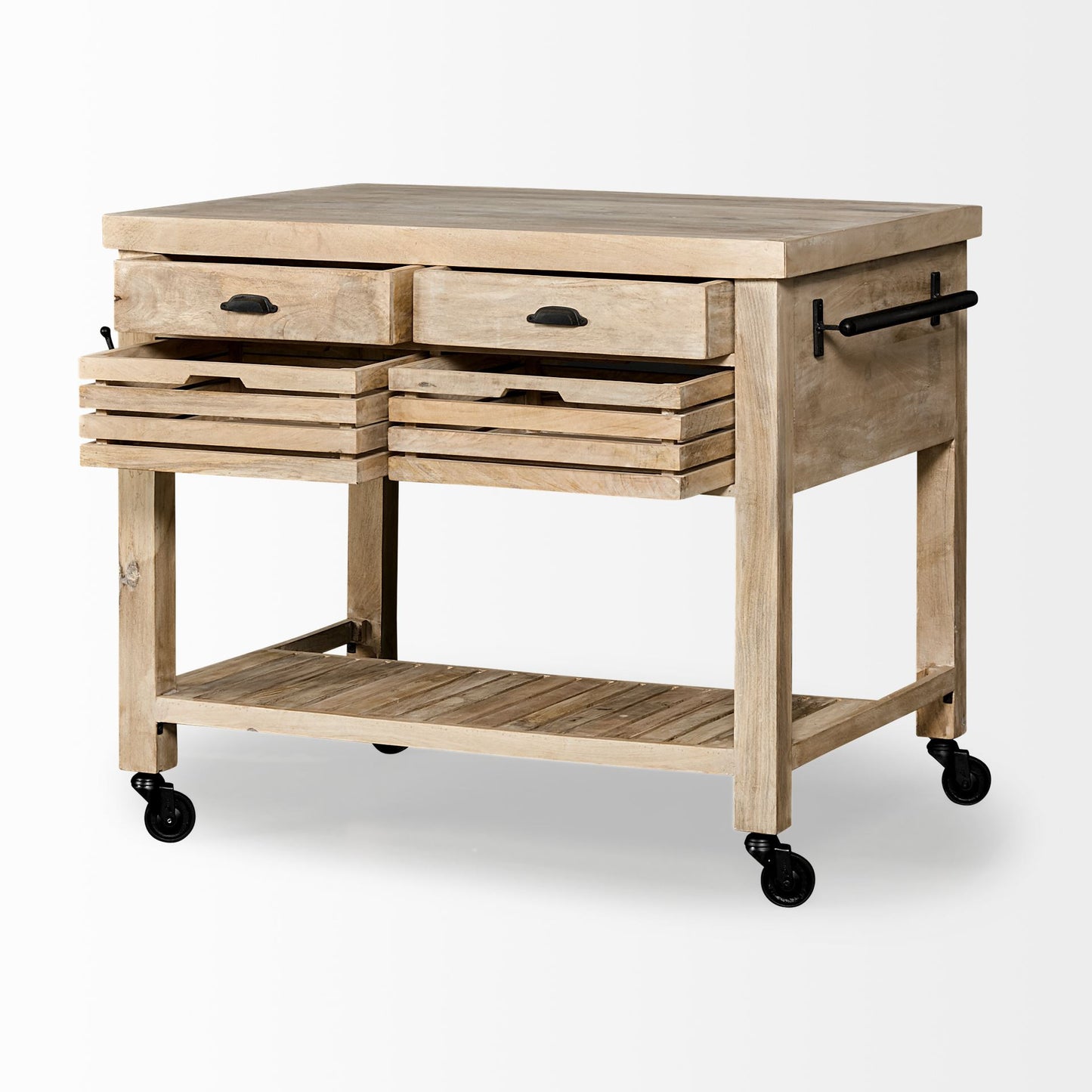 32" Natural Solid Wood Rolling Kitchen Island With Storage