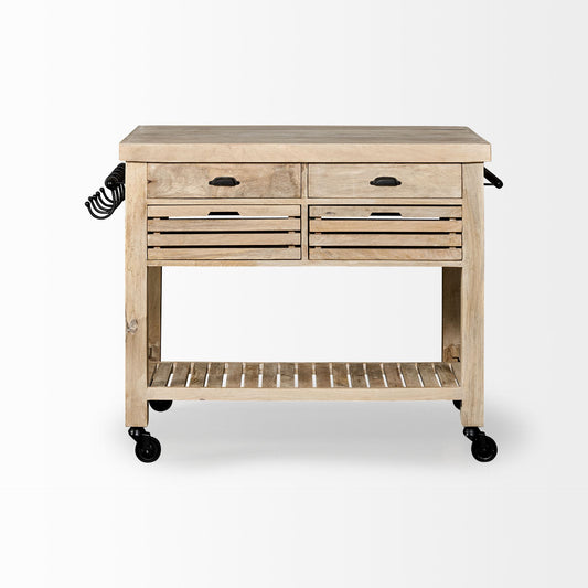 32" Natural Solid Wood Rolling Kitchen Island With Storage
