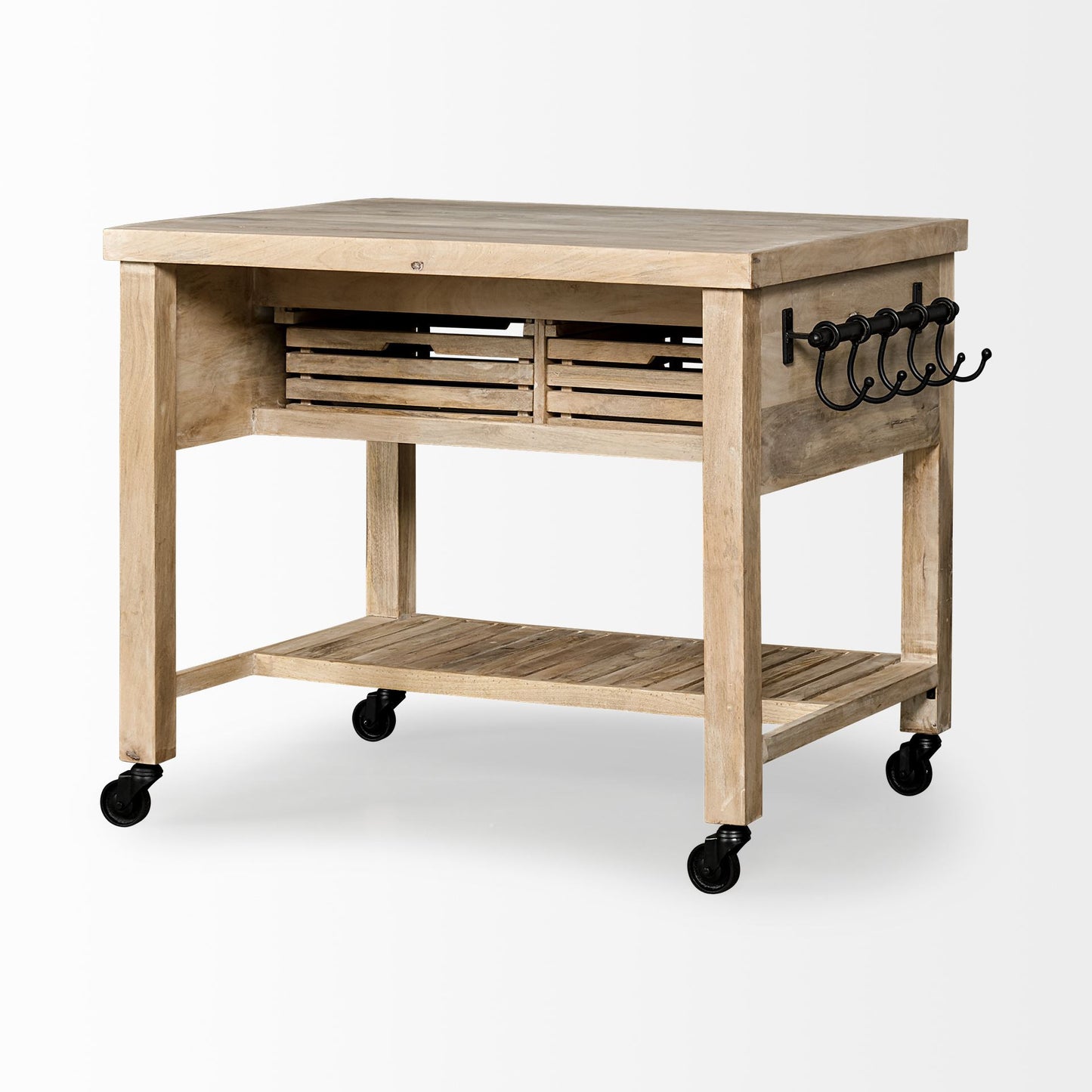 32" Natural Solid Wood Rolling Kitchen Island With Storage