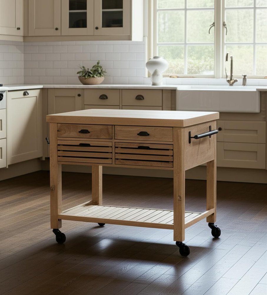 32" Natural Solid Wood Rolling Kitchen Island With Storage