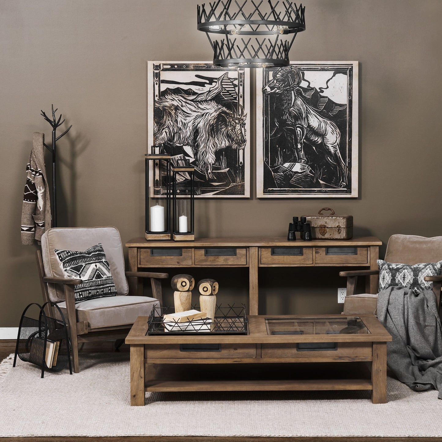 31" Olive Green and Brown Velvet Lounge Chair