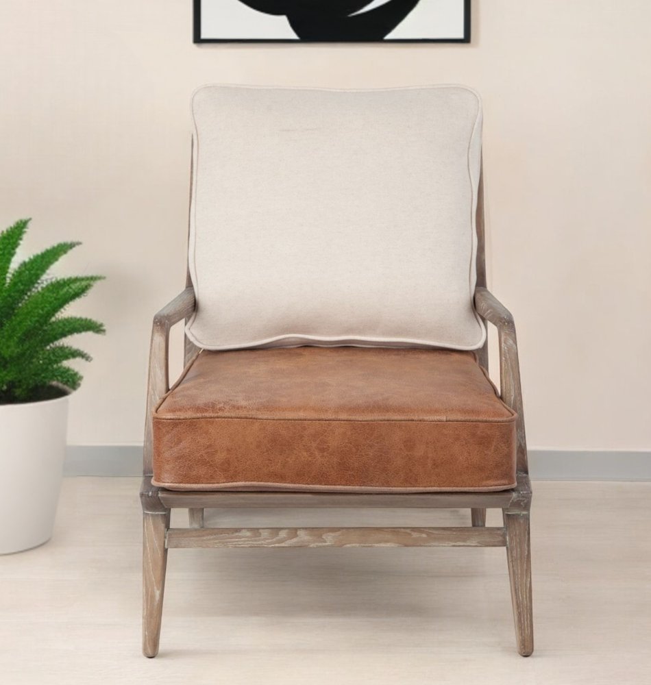 24" Beige and Brown Leather Arm Chair