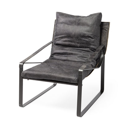35" Black Leather Distressed Arm Chair