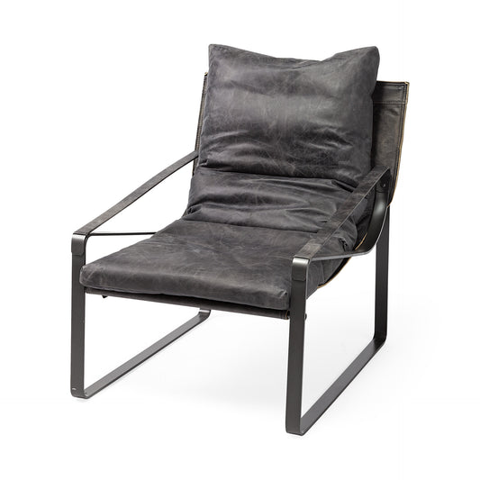 35" Black Leather Distressed Arm Chair