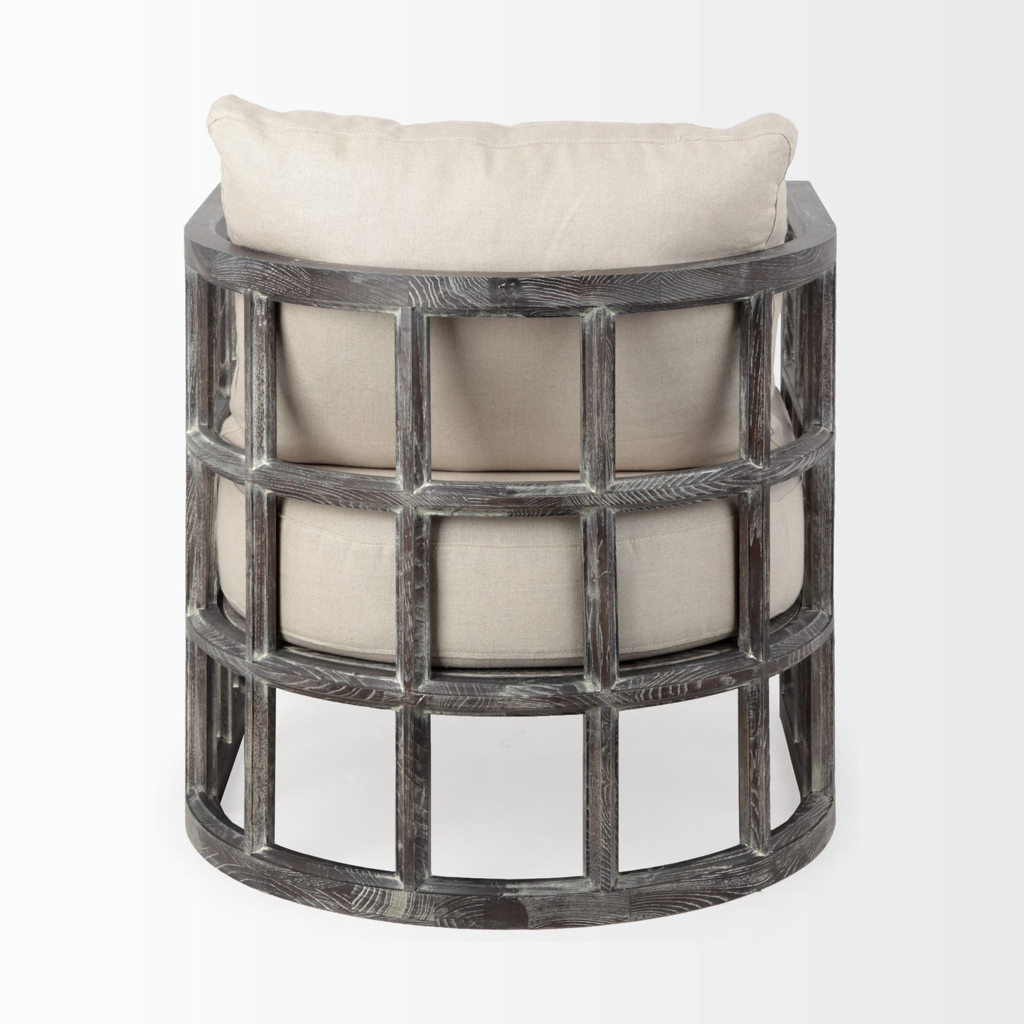 30" Cream and Brown Fabric Distressed Arm Chair