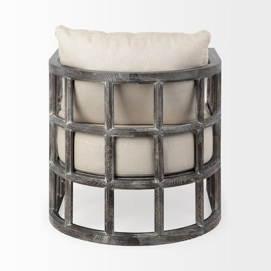 30" Cream and Brown Fabric Distressed Arm Chair