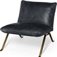 34" Black and Brass Top Grain Leather Distressed Slipper Chair