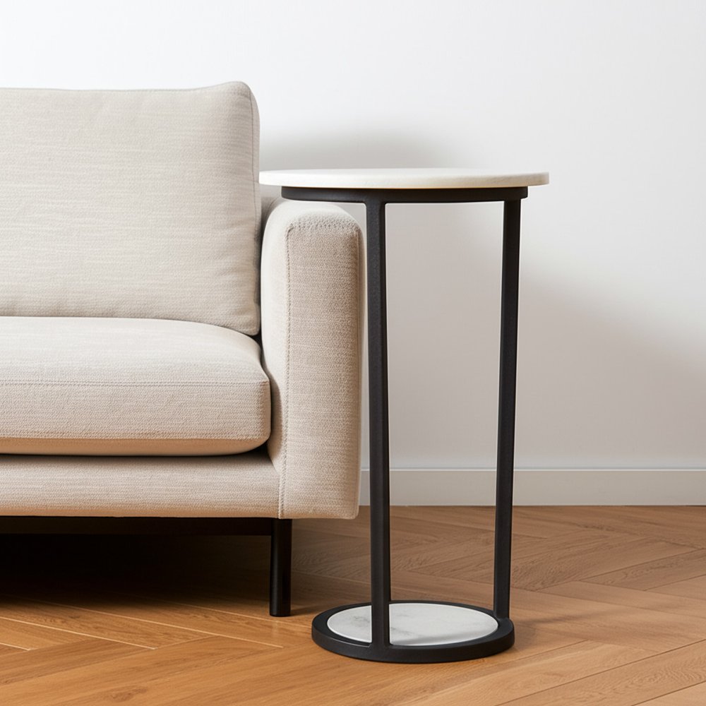 21" Black And White Marble Round End Table