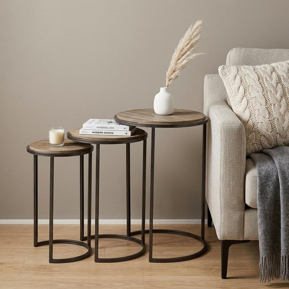Set of Three 27" Black And Brown Solid Wood Round End Table