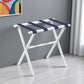 Hotel White Finish Wood Folding Luggage Rack With Navy Straps