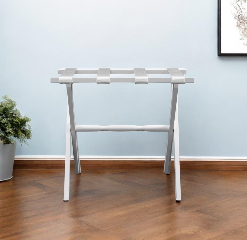 Hotel Ivory Finish Wood Folding Luggage Rack With Tan Straps