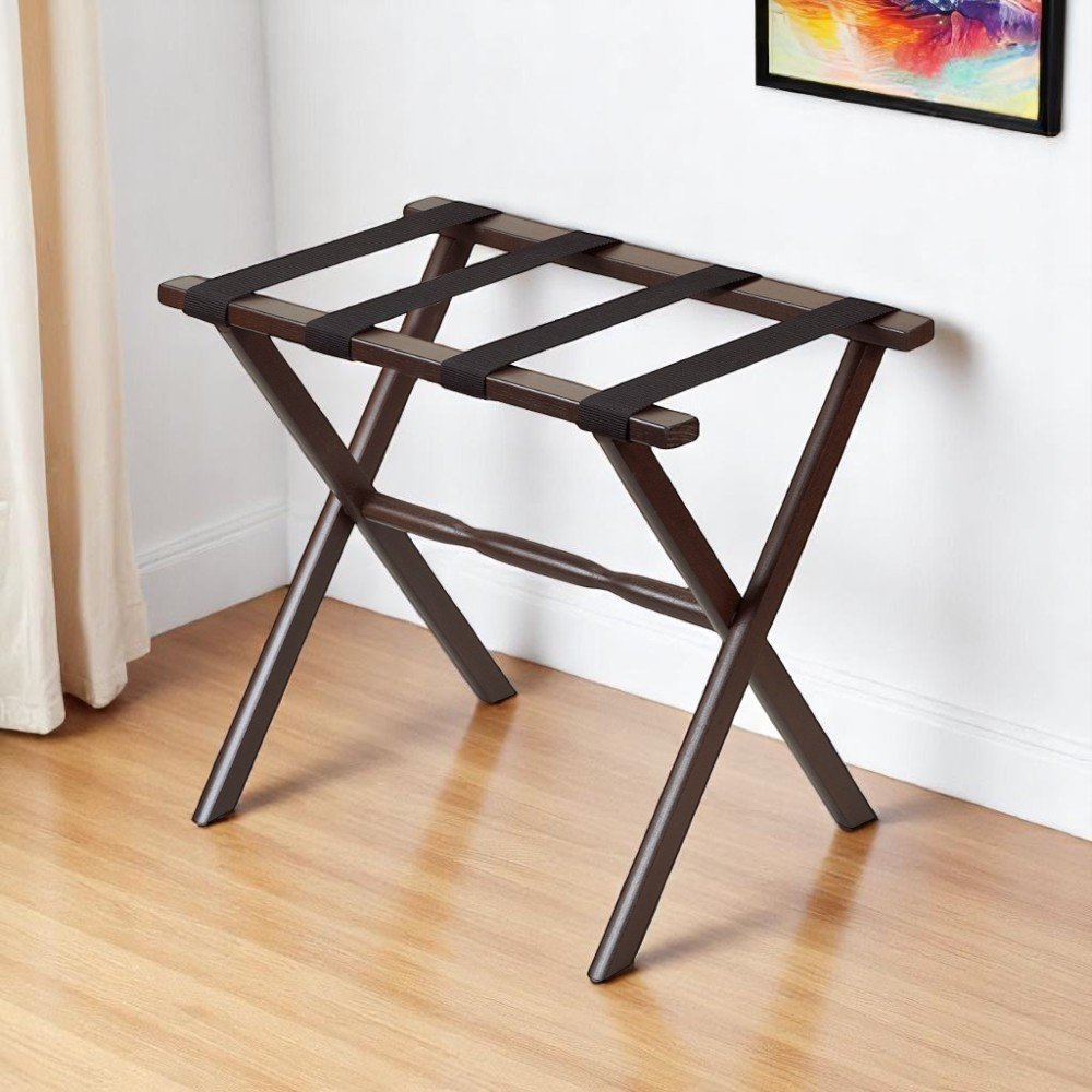 Hotel Dark Walnut Finish Wood Folding Luggage Rack With Black Straps