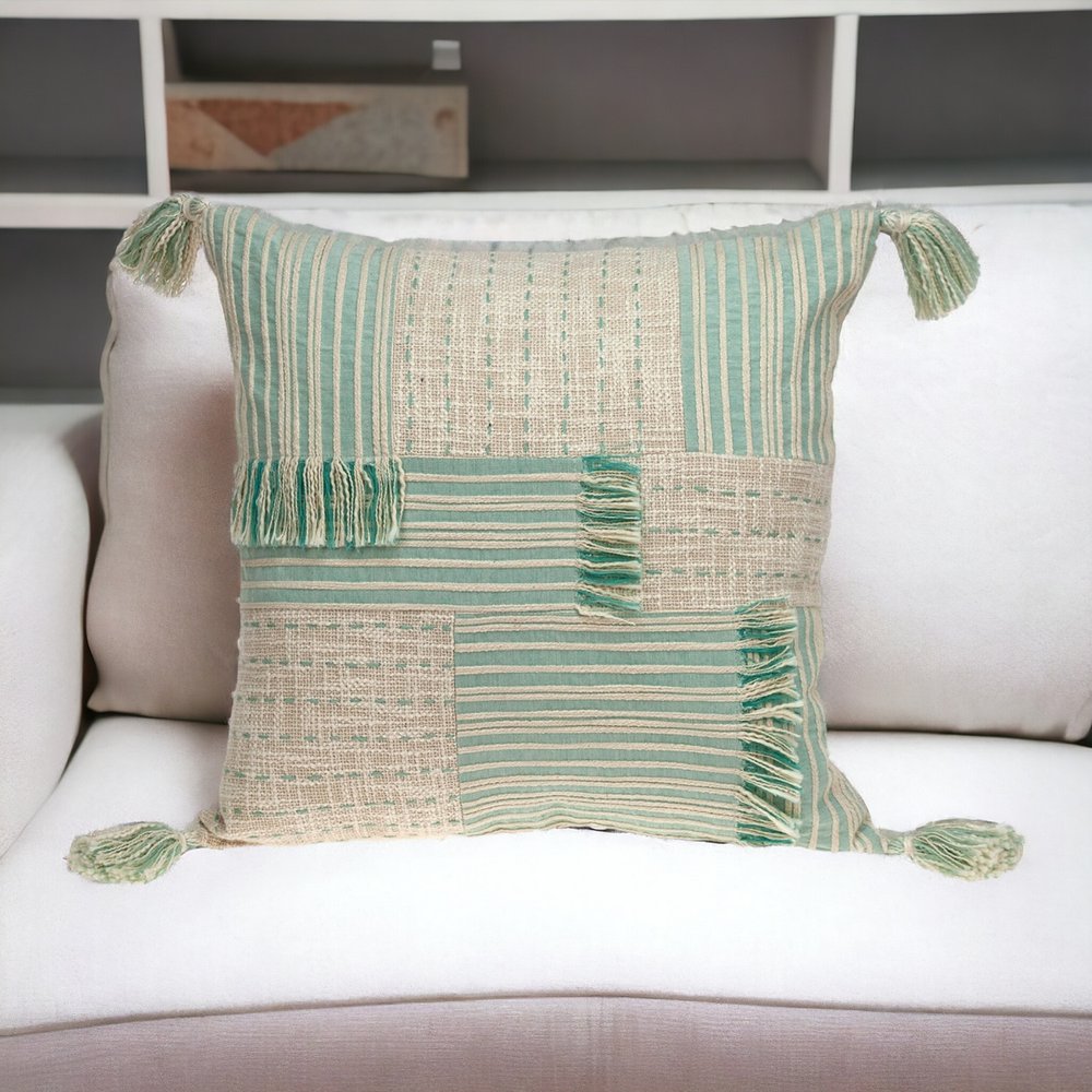 20" Beige And Mint Green Cotton Throw Pillow with Tassels And Texture