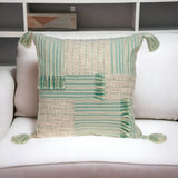 20" Beige And Mint Green Cotton Throw Pillow with Tassels And Texture