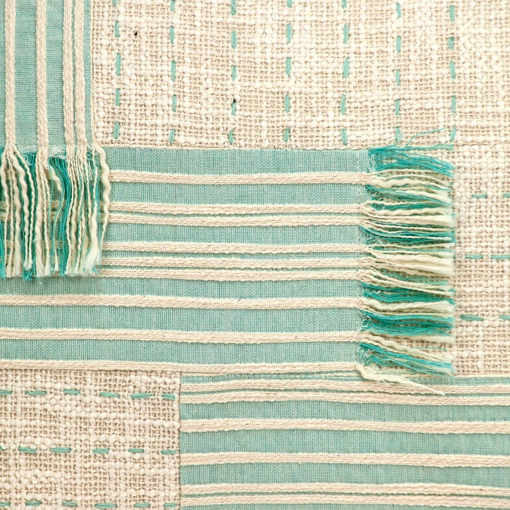 20" Beige And Mint Green Cotton Throw Pillow with Tassels And Texture