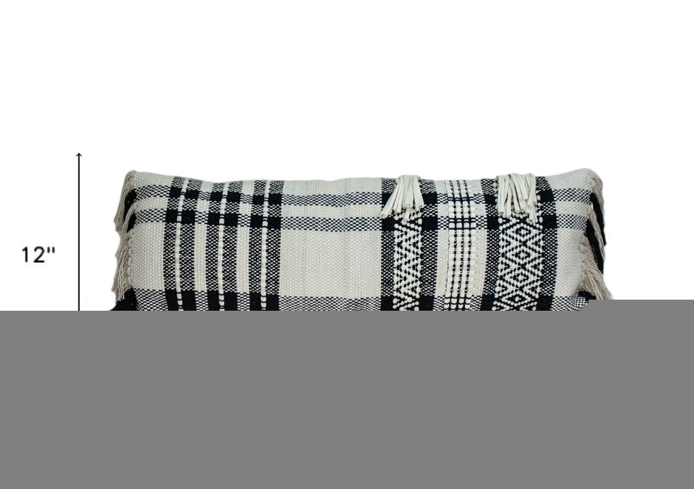 12" X 35" Black and White Plaid Cotton Lumbar Throw Pillow With Fringe