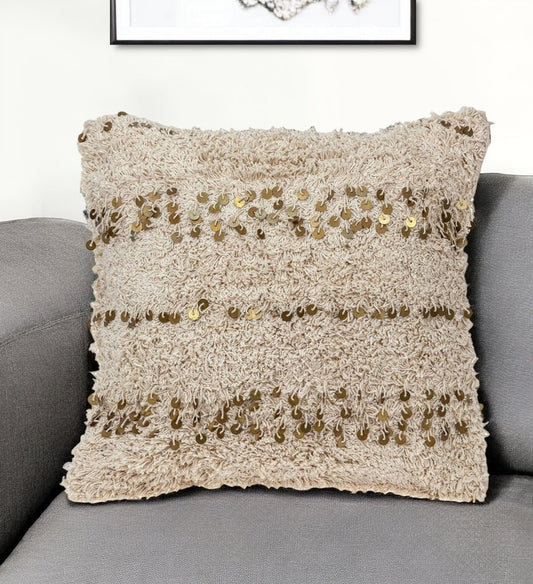 18" Beige And Gold Shaggy Cotton And Sequin Striped Throw Pillow