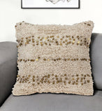 18" Beige And Gold Shaggy Cotton And Sequin Striped Throw Pillow