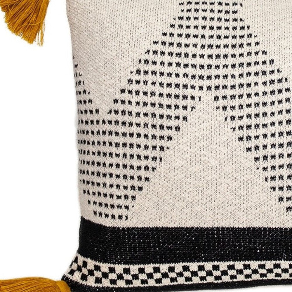 16" X 24" Beige And Black Geometric Cotton Throw Pillow with Tassels