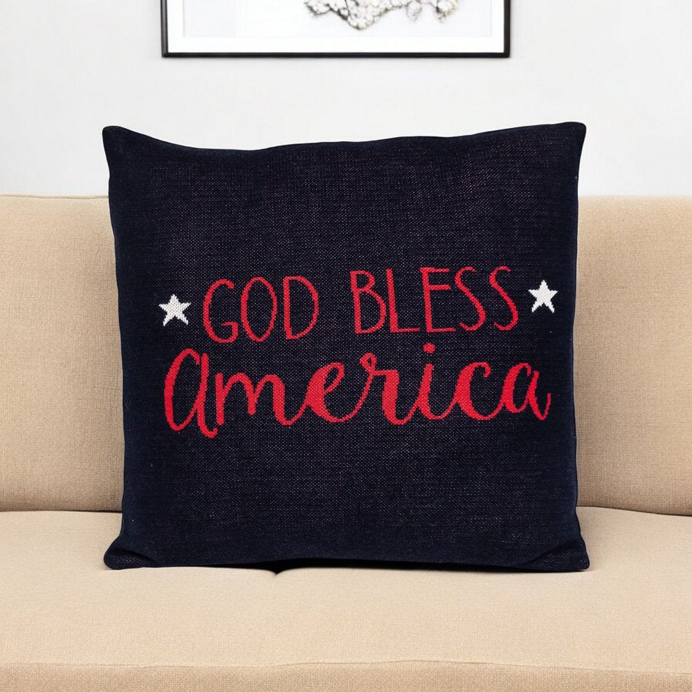 20" Navy Blue Red And White God Bless America Text Cotton Throw Pillow