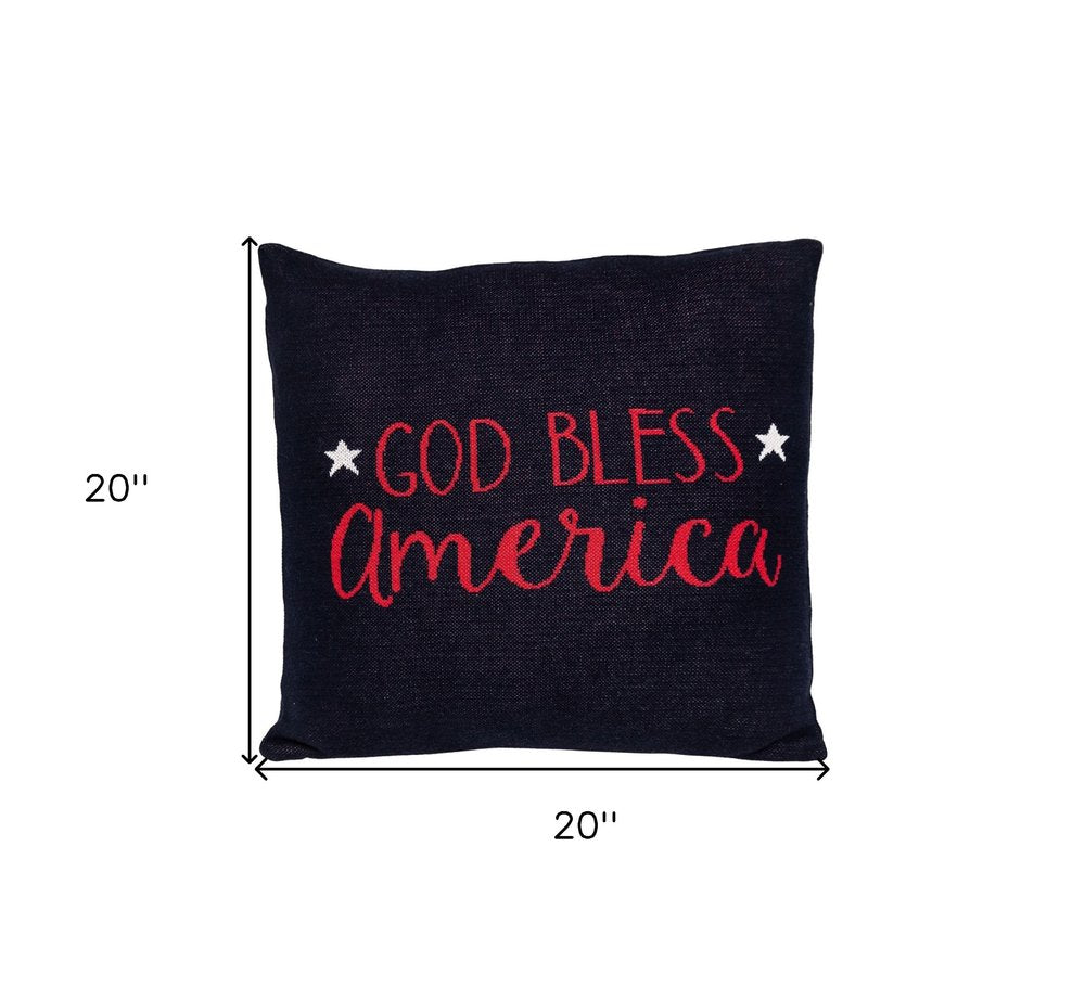 20" Navy Blue Red And White God Bless America Text Cotton Throw Pillow