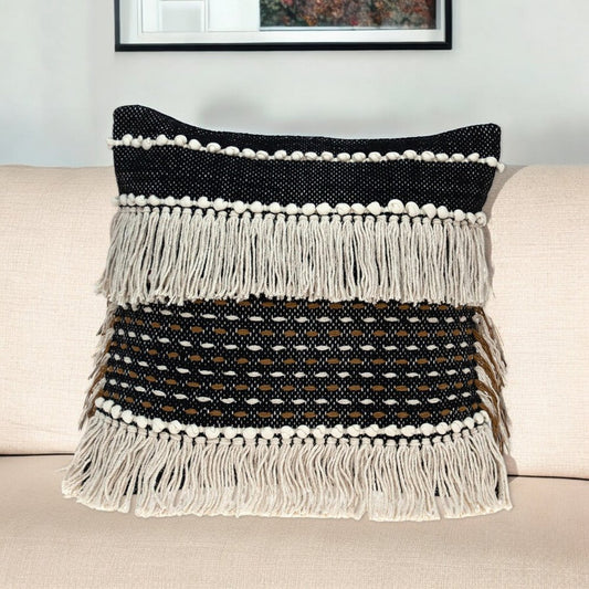 18" Black and Ivory Striped Cotton Blend Throw Pillow with Texture