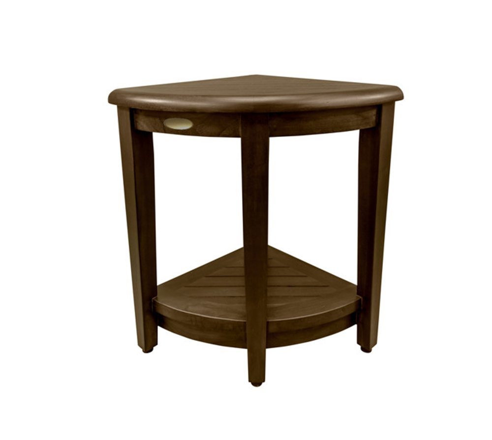 Curvilinear Dark Brown Teak 18" Corner Shower Bench With Shelf