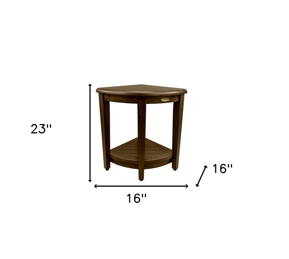 Curvilinear Dark Brown Teak 18" Corner Shower Bench With Shelf