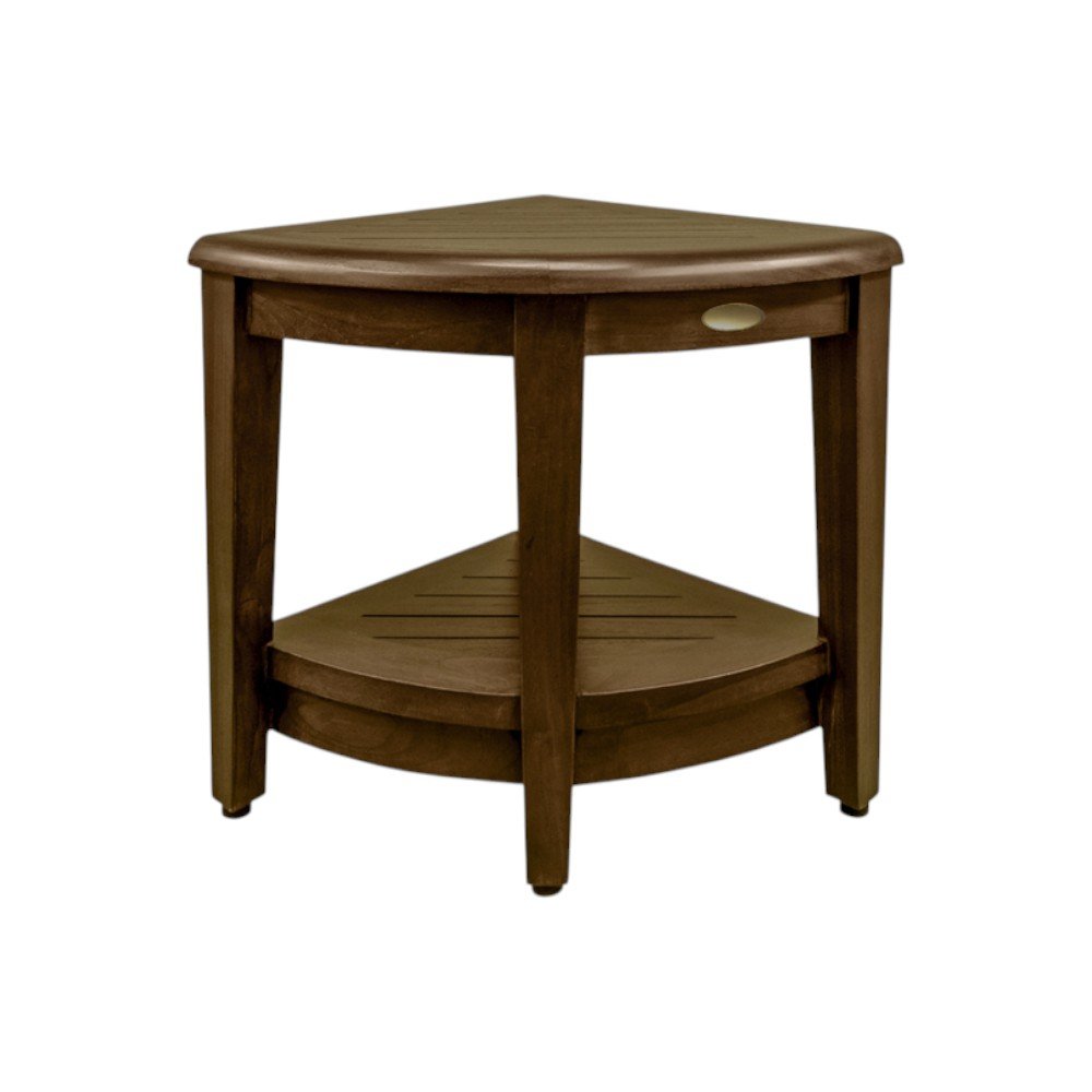 Curvilinear Dark Brown Teak 18" Corner Shower Bench With Shelf