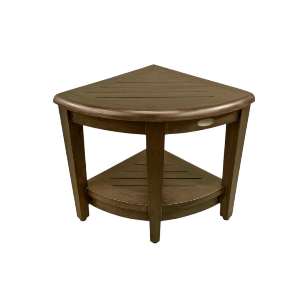 Curvilinear Dark Brown Teak 18" Corner Shower Bench With Shelf