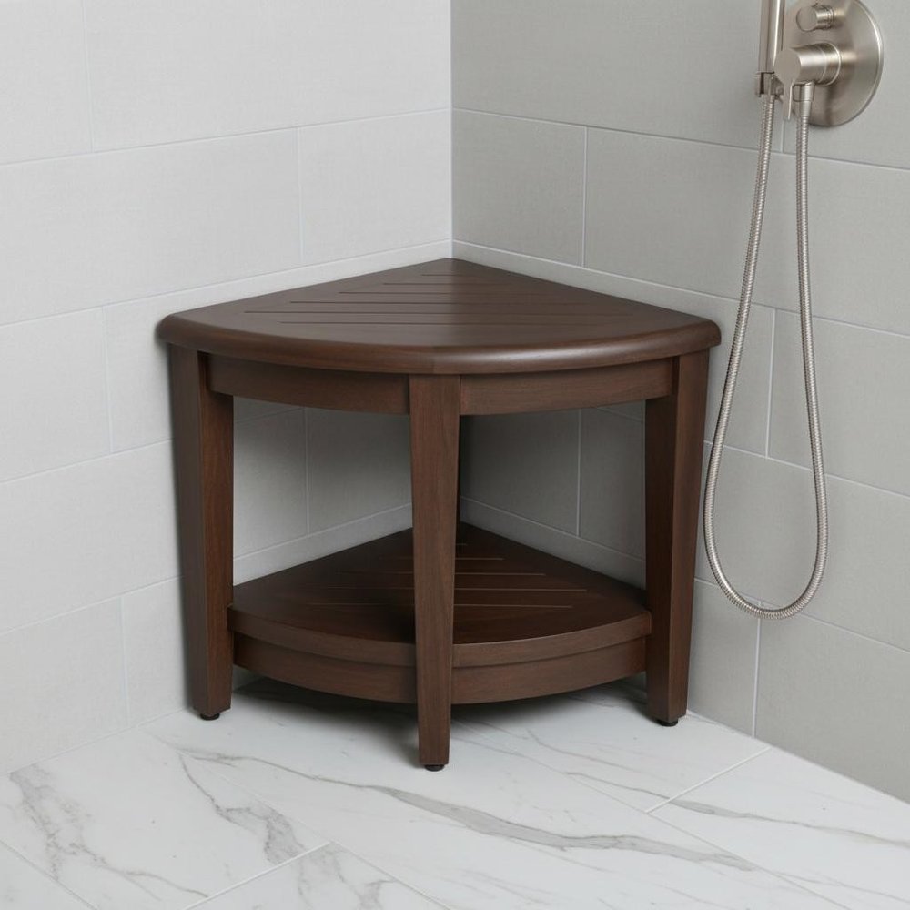 Curvilinear Dark Brown Teak 18" Corner Shower Bench With Shelf