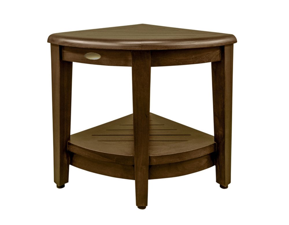 Curvilinear Dark Brown Teak 18" Corner Shower Bench With Shelf