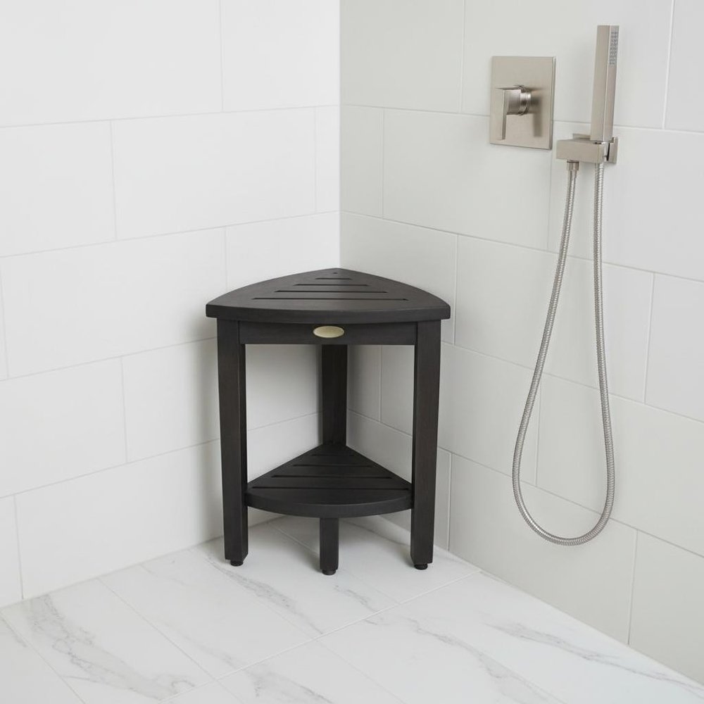 Mod Gray Teak 18" Curvilinear Corner Shower Bench With Shelf