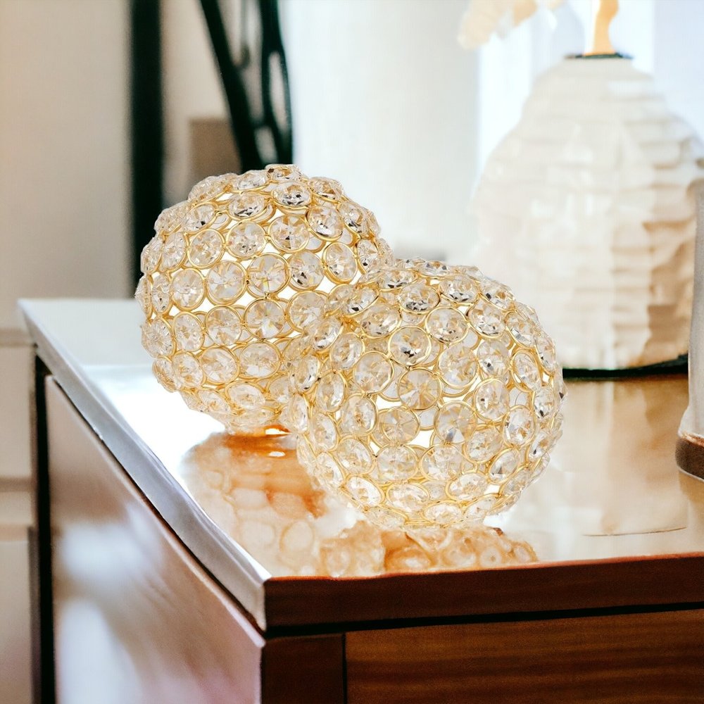 Set of Two Silver And Clear Faux Crystal And Metal Orb Decorative Tabletop Sculptures