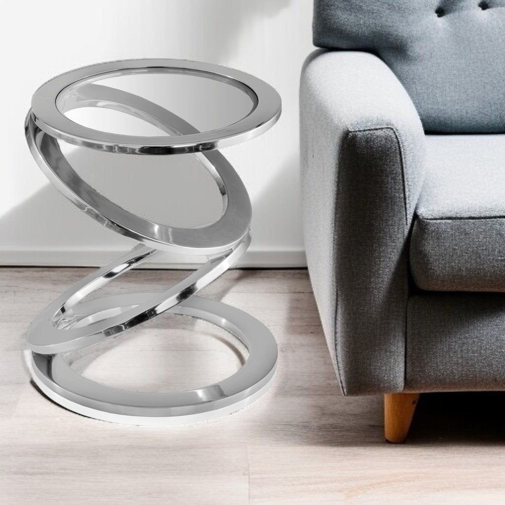 17" Silver And Clear Glass and Aluminum Round Abstract End Table
