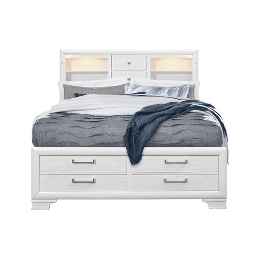 White Solid Wood Lighted King Bed Frame With Drawers