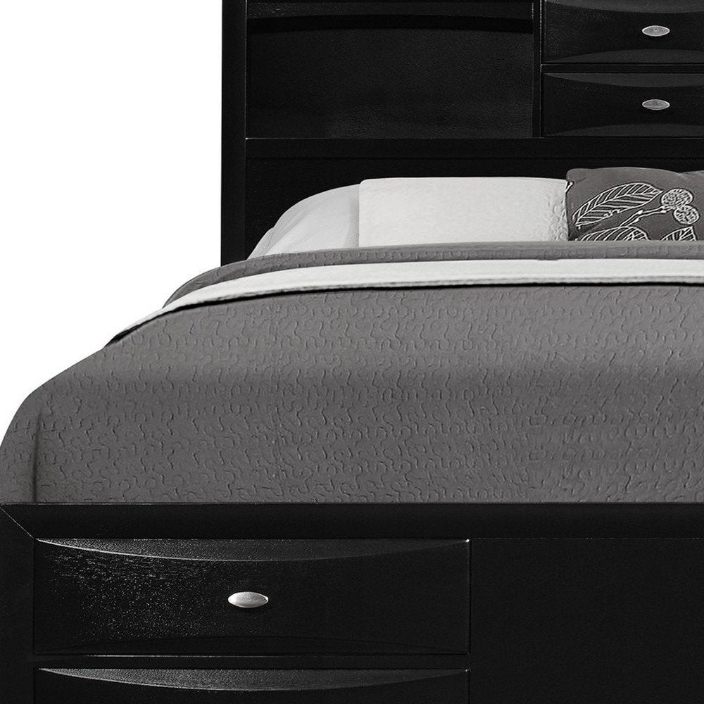 Black Solid Wood Queen Bed Frame With Eight Drawers