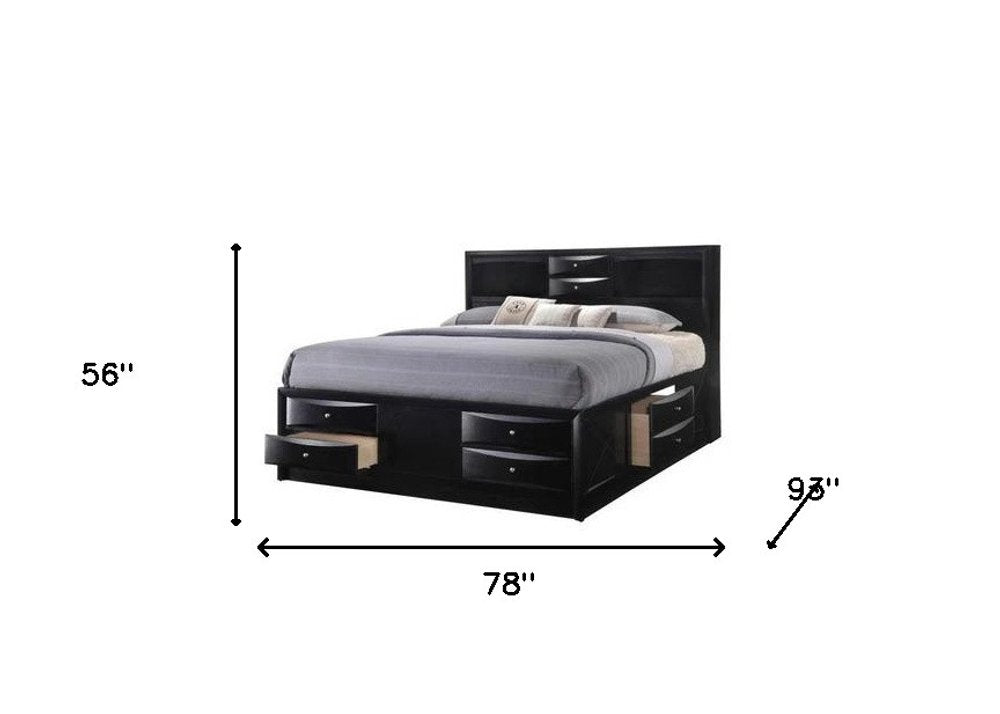 Black Carved Abstract Solid Wood King Bed Frame With Drawers
