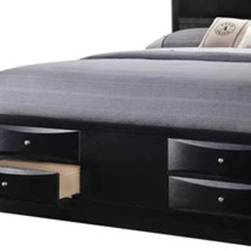 Black Carved Abstract Solid Wood King Bed Frame With Drawers