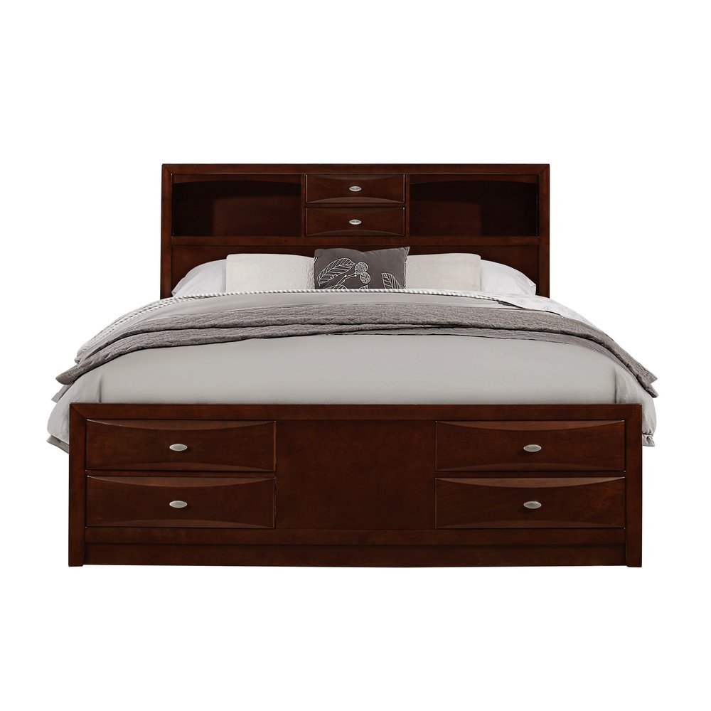 Merlot Solid Wood Queen Bed Frame With Eight Drawers
