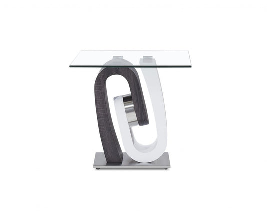 23" White Gray And Clear Glass and Wood Square Pedestal End Table