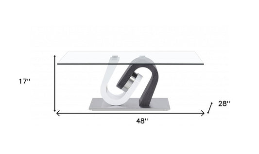 48" Clear Gray and White Glass And Steel Mod Coffee Table