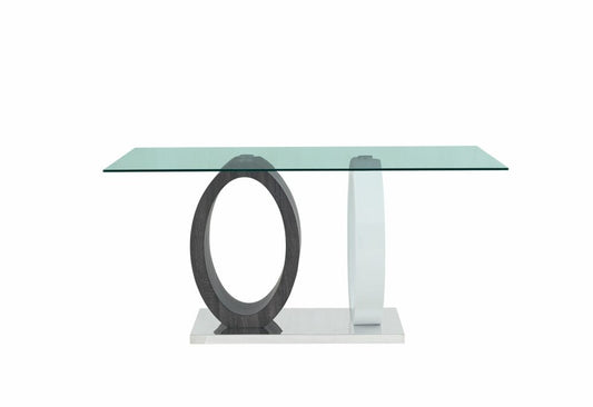 63" Clear Gray and White Glass And Metal Double Pedestal Base Dining Table