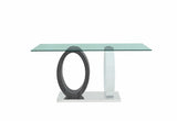 63" Clear Gray and White Glass And Metal Double Pedestal Base Dining Table