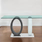 63" Clear Gray and White Glass And Metal Double Pedestal Base Dining Table