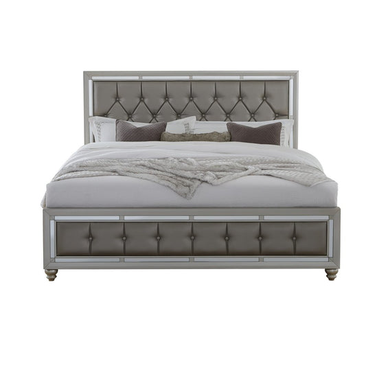 Silver Tufted Linen Upholstered Full Bed Frame with Nailhead Trim With No